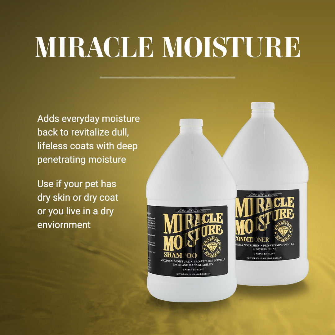 Miracle Moisture: adds everyday moisture back to revitalize dull, lifeless coats with deep penetrating moisture. Use if your pet has dry skin or dry coat or you live in a dry environment.