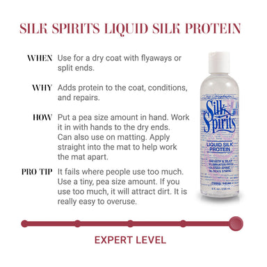 Silk Spirits Liquid Silk Protein - When: Use for a dry coat with flyaways or split ends. Why: Adds protein to the coat, conditions, and repairs. How: Put a pea-size amount in hand. Work it in with hands to the dry ends. Can also use on matting. Apply straight into the mat to help work the mat apart. Pro tip: it fails when people use too much. Use a tiny, pea size amount. If you use too much, it will attract dirt. It is really easy to overuse.