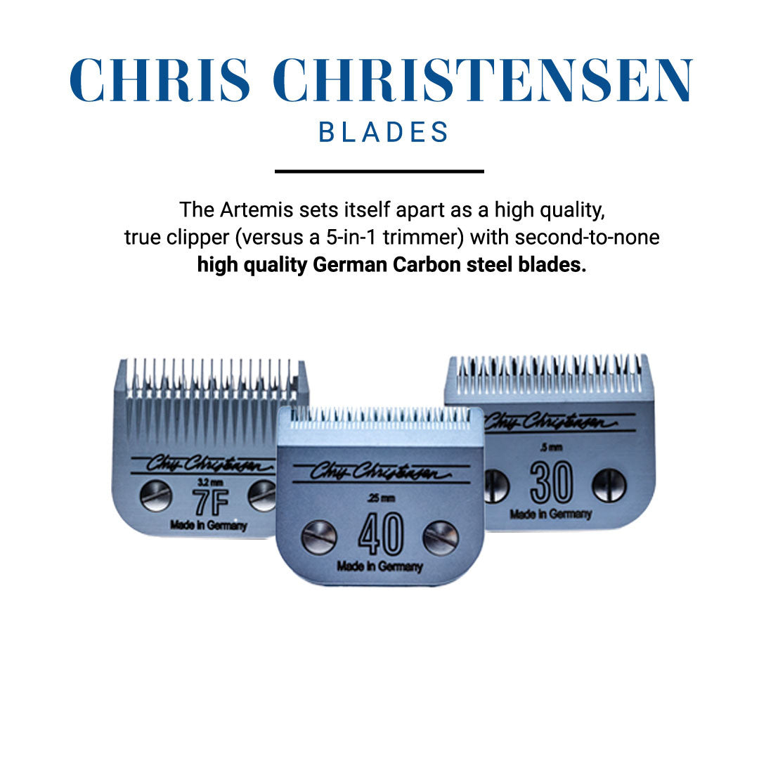 Chris Christensen Blades - The Artemis sets itself apart as a high quality, true clipper (versus a 5-in-1 trimmer) with second-to-none high quality German Carbon Steel Blades.