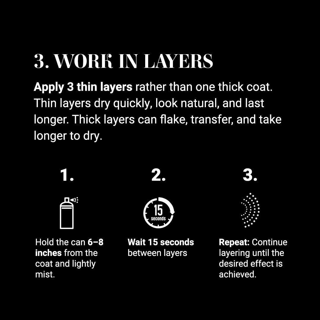 3. Work in Thin Layers: Apply 3 thin layers rather than one thick coat. Thin layers dry quickly, look natural, and last longer. Thick layers can flake, transfer, and take longer to dry. 1. Hold the can 6–8 inches from the coat and lightly mist. 2. Wait 15 seconds between layers. 3. Repeat: Continue layering until the desired effect is achieved.