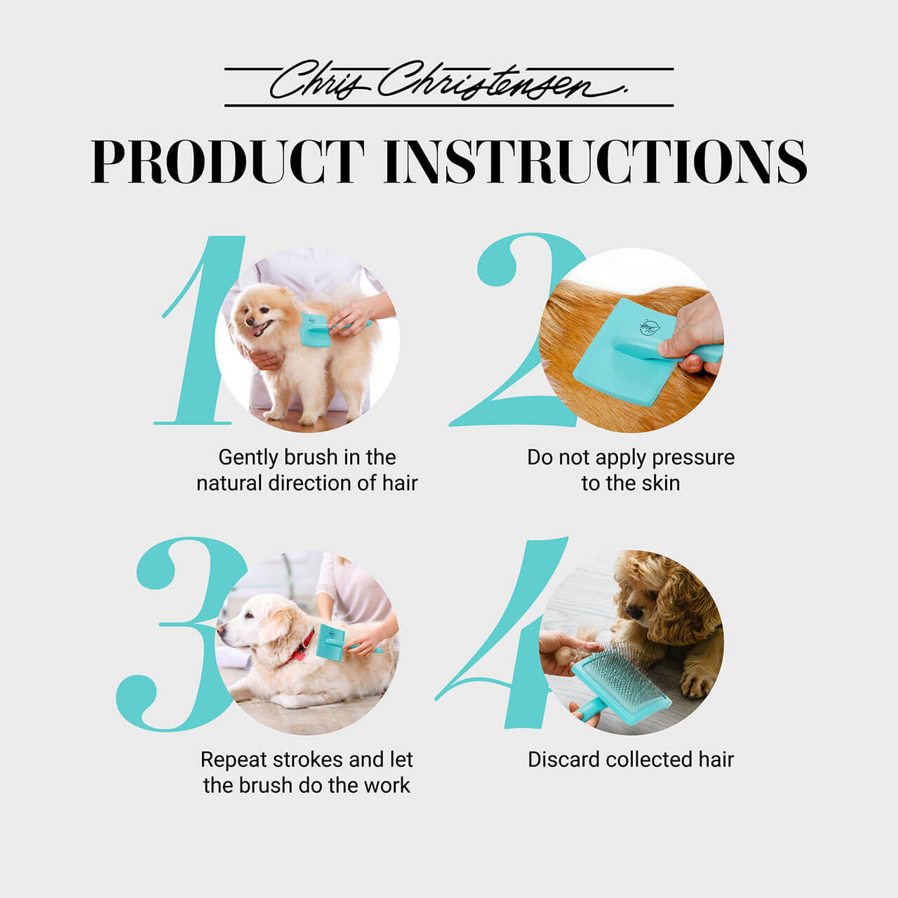 Chris Christensen Big G Teal Slicker Brushes - Product Instructions. Step 1 - Gently brush in the natural direction of hair. Step 2 - Do not apply pressure to the skin. Step 3 - Repeat strokes and let the brush do the work. Step 4 - Discard collected hair.