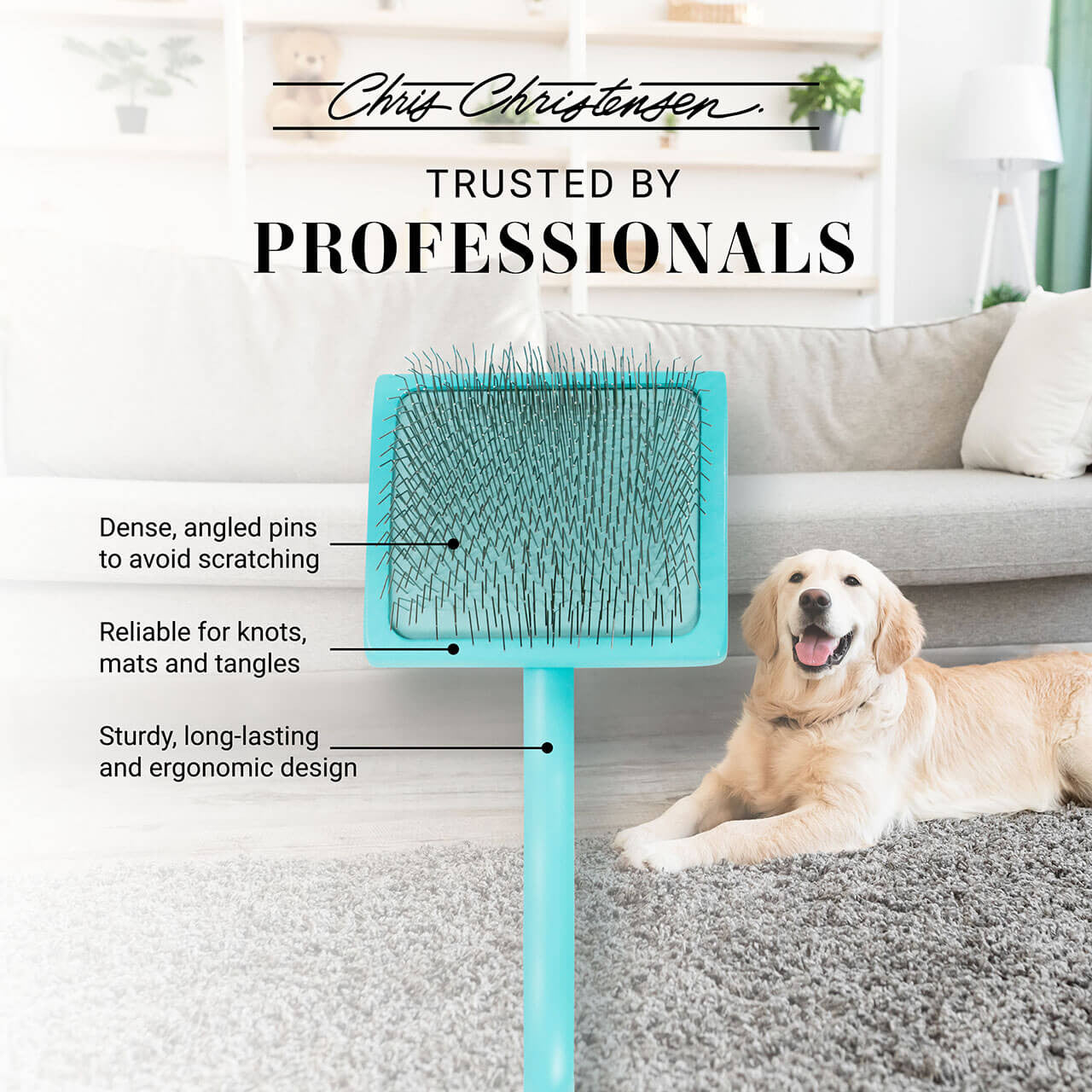 Chris Christensen Big G Teal Slicker Brushes - With Features Trusted by Professionals. Dense, angled pins to avoid scratching. Reliable for knots mats and tangles. Sturdy, long=lasting and ergonomic design.
