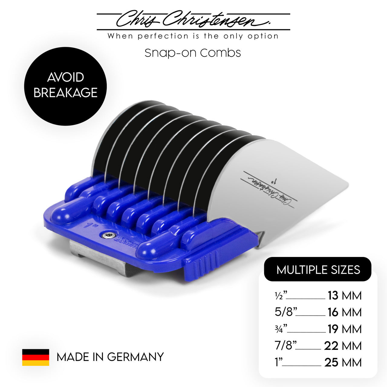 Avoid breakage with the Chris Christensen Artemis Five Piece Snap-on Comb Set - available in multiple sizes (13mm, 16mm, 19mm, 22mm, 25mm). Made in Germany