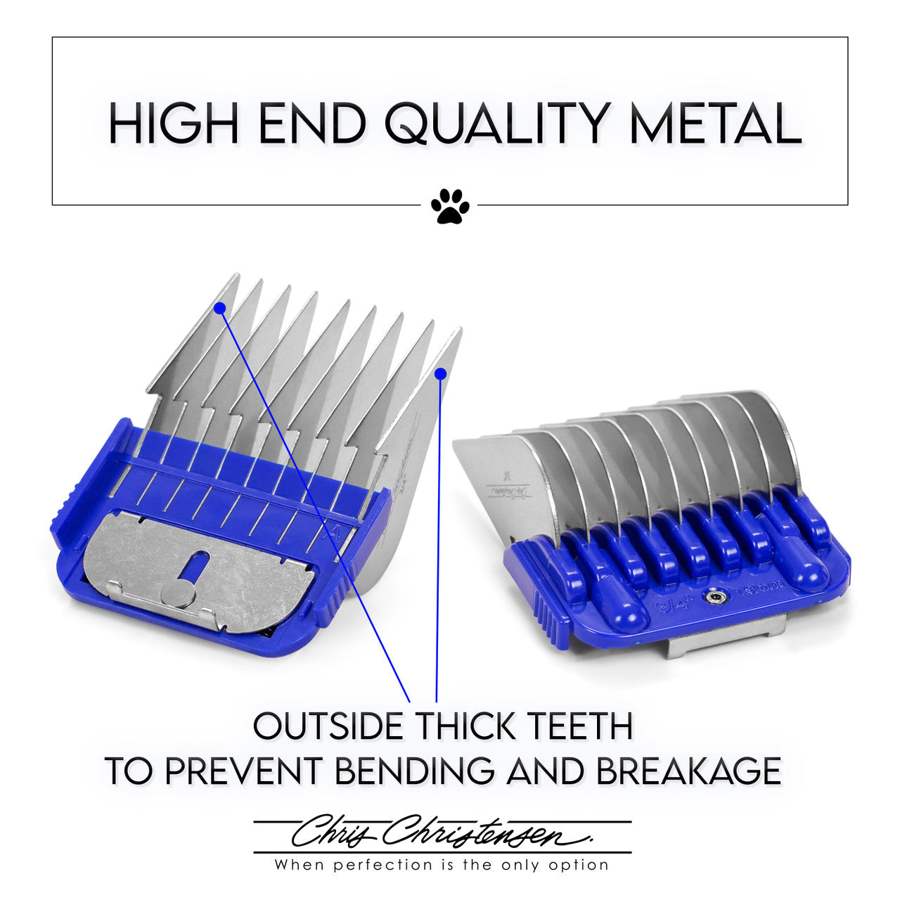 High end quality metal. Outside thick teeth to prevent bending and breakage with Chris Christensen Artemis Five Piece Comb Set