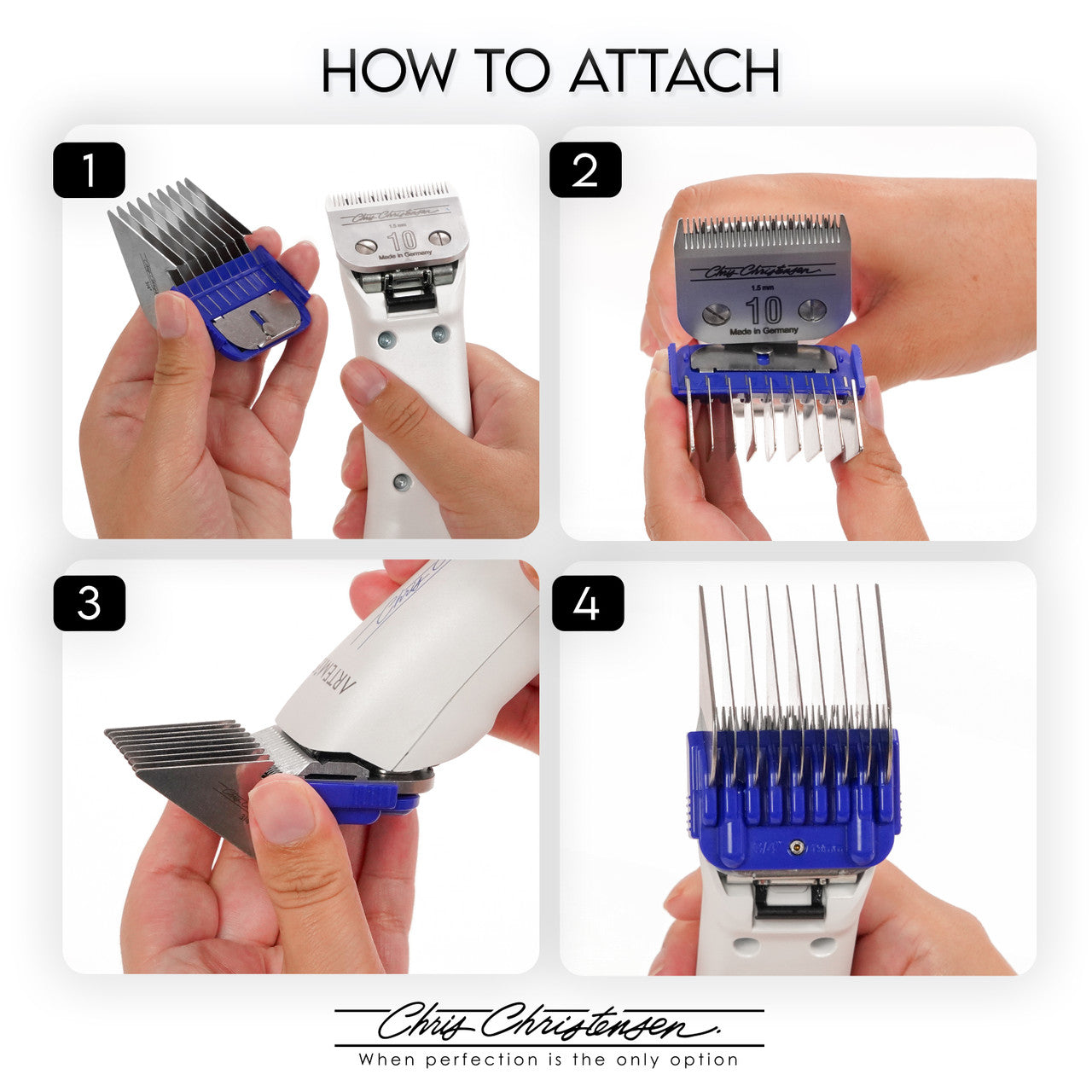 How to attach Chris Christensen Artemis Five Piece Comb Set to Chris Christensen Artemis Clipper Steps 1-4