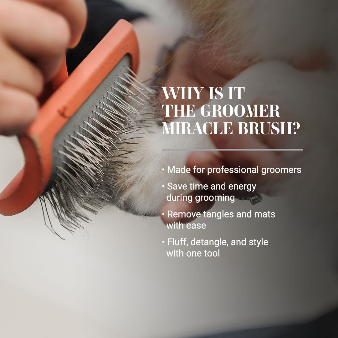 Why is it the Groomer Miracle Brush? Made for professional groomers. Save time and energy during grooming. Removes tangles and mats with ease. Fluff, detangle, and style with one tool.