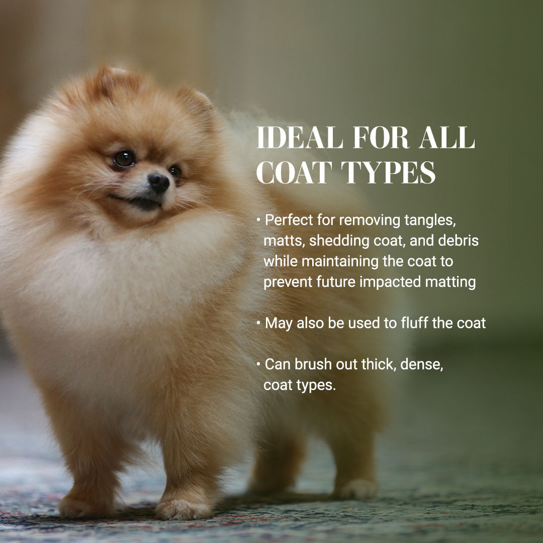 Ideal fo all coat types! Perfect for removing tangles, matts, shedding coat, and debris while maintaing the coat to prevent future impacted matting. May also be used to fluff the coat. Can brush out thick, dense coat types.