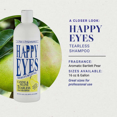 A closer look at Chris Christensen Happy Eyes Tearless Shampoo. Fragrance: Aromatic Bartlett Pear. Sizes available: 16 oz & Gallon. Great sizes for professional use.