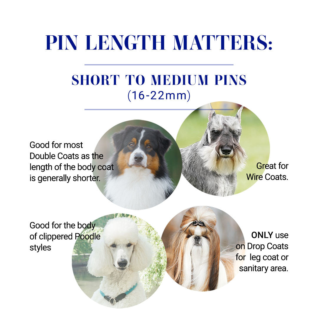Pin Length matters! Short to Medium pins (16-22mm) - Good for most double coats as the length of the body coat is generally shorter. Great for wire coats. Good for the body of clippered Poodle styles. ONLY use on Drop Coats for leg coat or sanitary area.